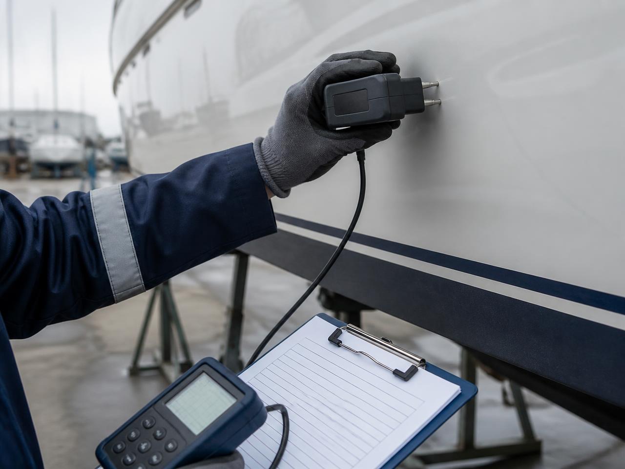 Marine surveyor taking moisture readings on a yacht hull